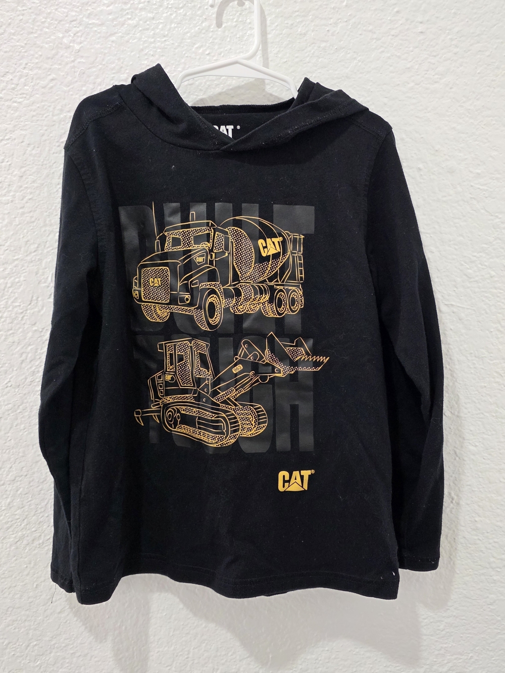Caterpillar Black Hooded Kids Top with Yellow Construction Print